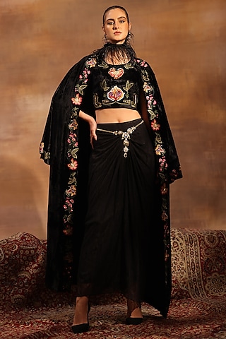 Black Velvet Floral Embroidered Jacket Set by World Of Folklore