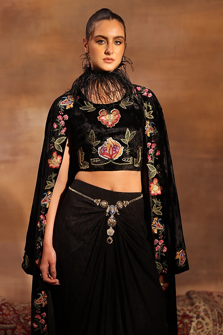 Black Velvet Floral Embroidered Jacket Set by World Of Folklore at Pernia's Pop Up Shop