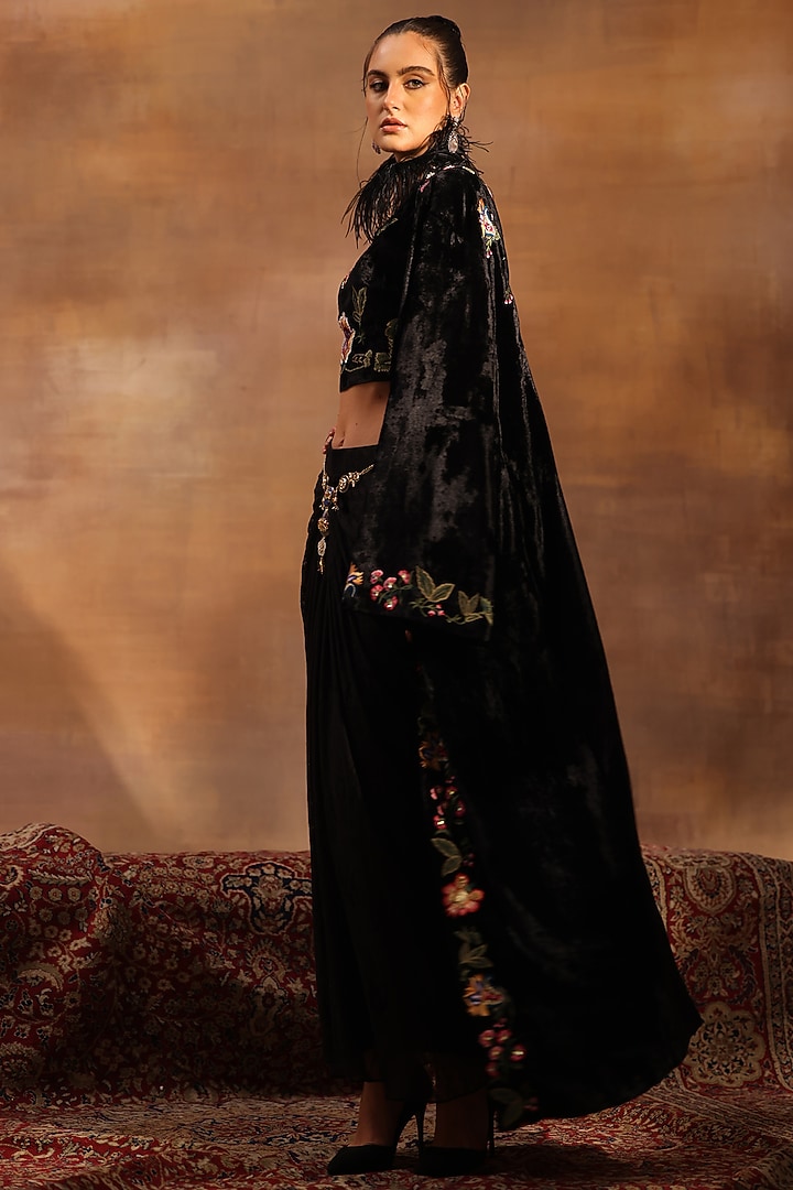 Black Velvet Floral Embroidered Jacket Set by World Of Folklore at Pernia's Pop Up Shop