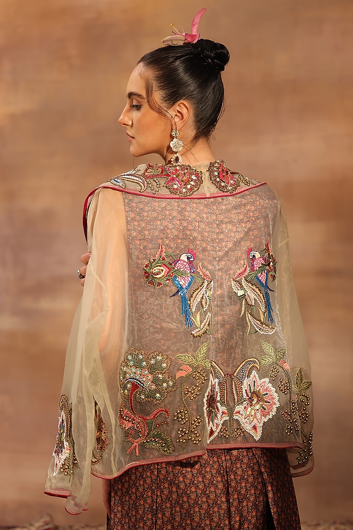Multi-Colored Silk Poly Crepe Floral Printed Party Wear Gown With Cape by World Of Folklore at Pernia's Pop Up Shop