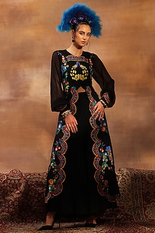 Black Georgette Silk Thread Embroidered Jacket Set by World Of Folklore