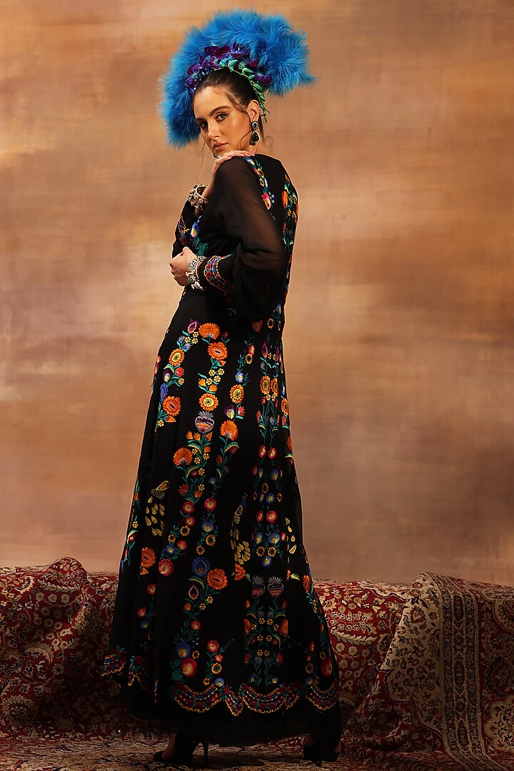Black Georgette Silk Thread Embroidered Jacket Set by World Of Folklore at Pernia's Pop Up Shop