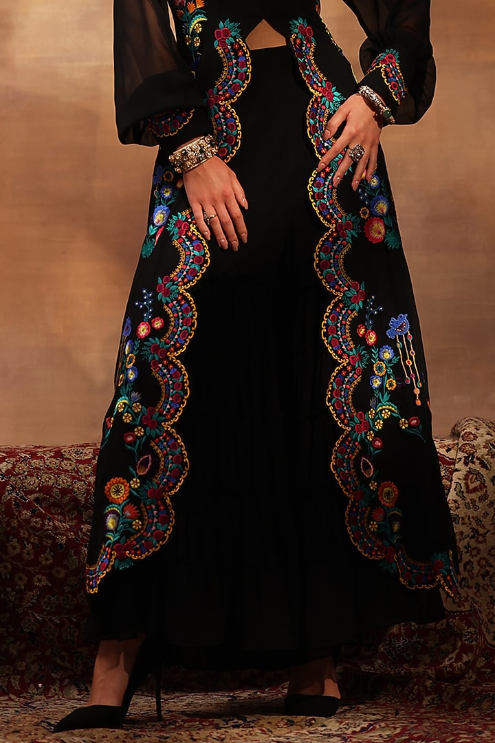 Black Georgette Silk Thread Embroidered Jacket Set by World Of Folklore at Pernia's Pop Up Shop