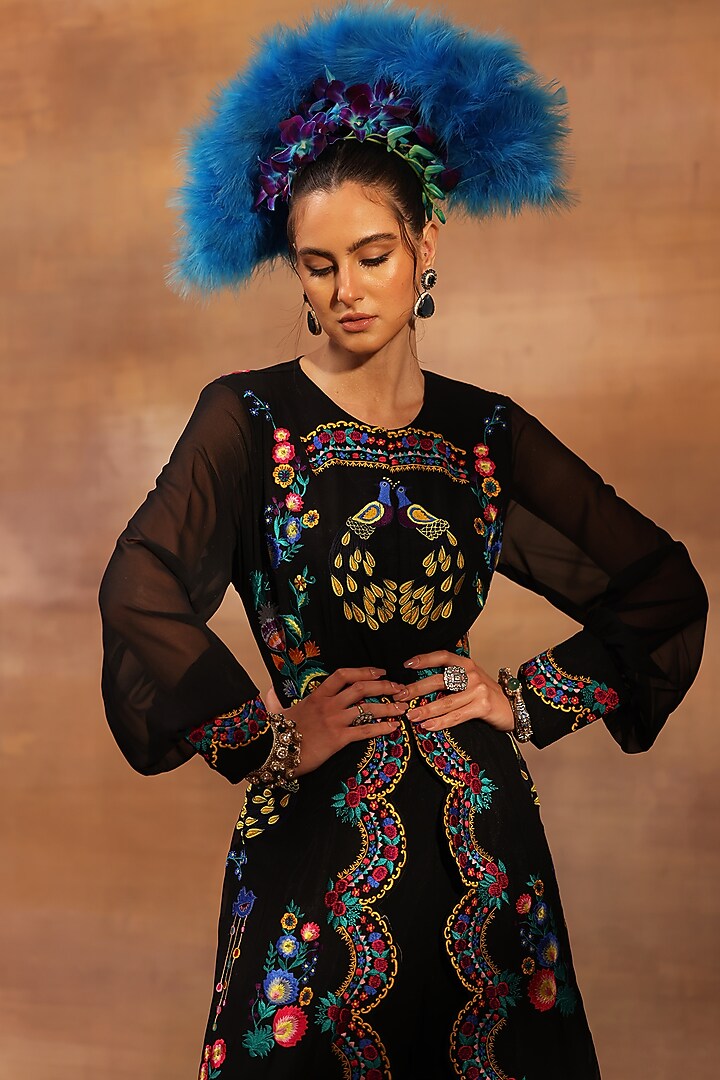 Black Georgette Silk Thread Embroidered Jacket Set by World Of Folklore at Pernia's Pop Up Shop