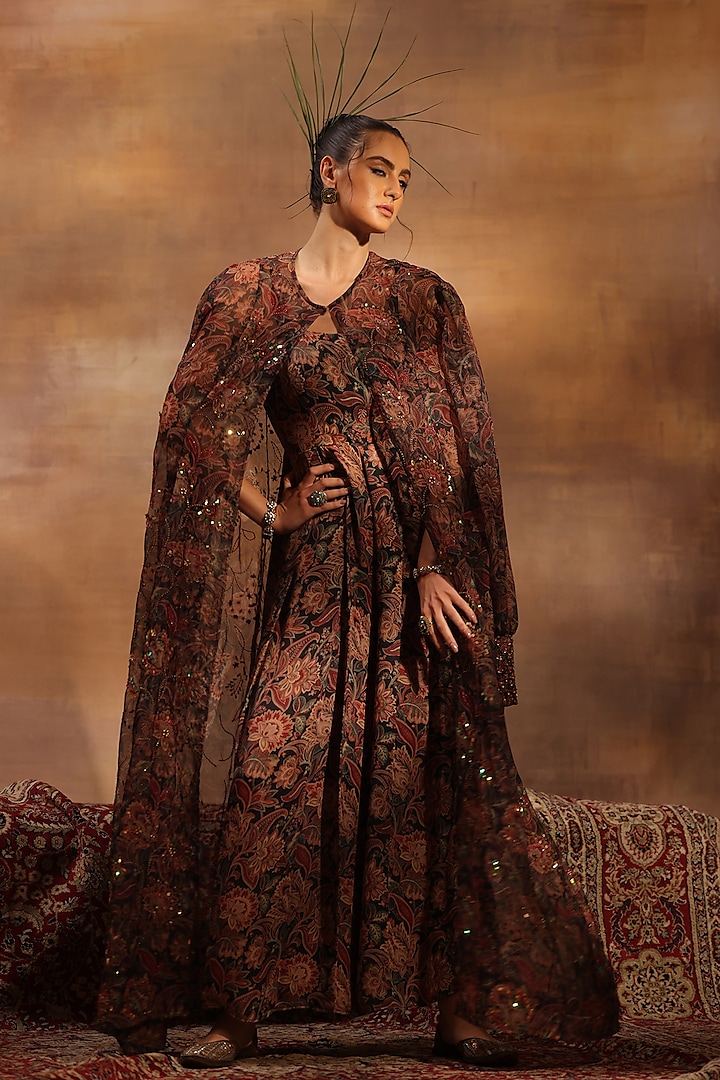 Black Silk Crepe Floral Digital Printed Jumpsuit With Jacket by World Of Folklore