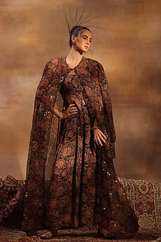 Black Silk Crepe Floral Digital Printed Jumpsuit With Jacket by World Of Folklore