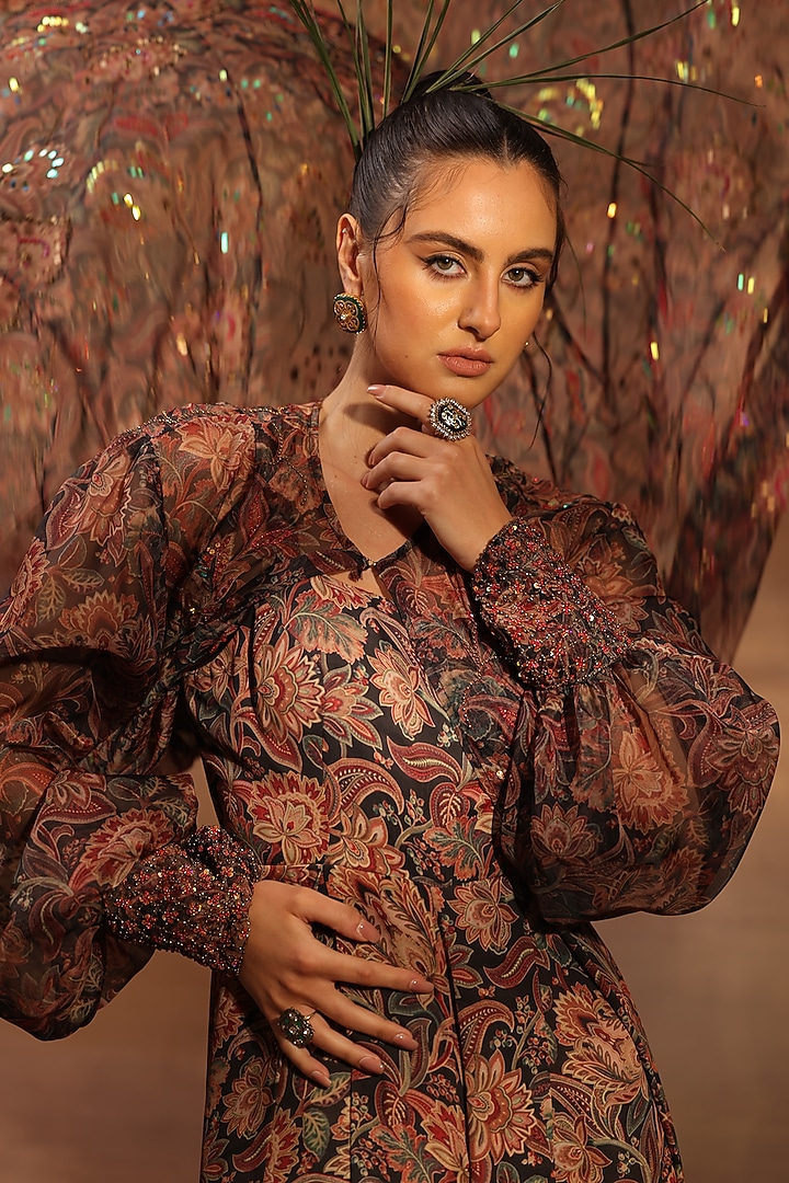 Black Silk Crepe Floral Digital Printed Jumpsuit With Jacket by World Of Folklore at Pernia's Pop Up Shop