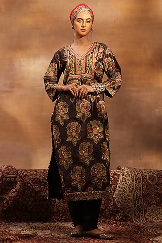 Brown Raw Silk Digital Printed Kurta Set by World Of Folklore