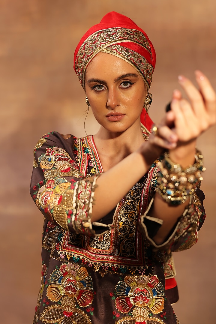 Brown Raw Silk Digital Printed Kurta Set by World Of Folklore at Pernia's Pop Up Shop