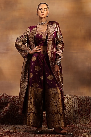 Wine Georgette Jacquard Bead & Sequins Embellished Jacket Set by World Of Folklore