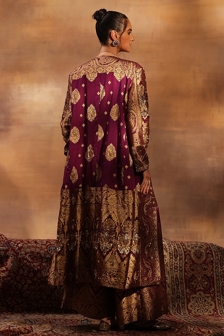 Wine Georgette Jacquard Bead & Sequins Embellished Jacket Set by World Of Folklore at Pernia's Pop Up Shop