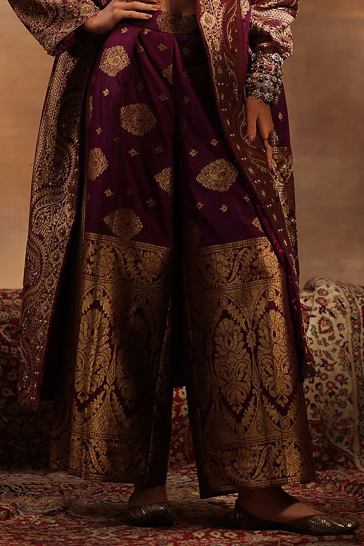 Wine Georgette Jacquard Bead & Sequins Embellished Jacket Set by World Of Folklore at Pernia's Pop Up Shop