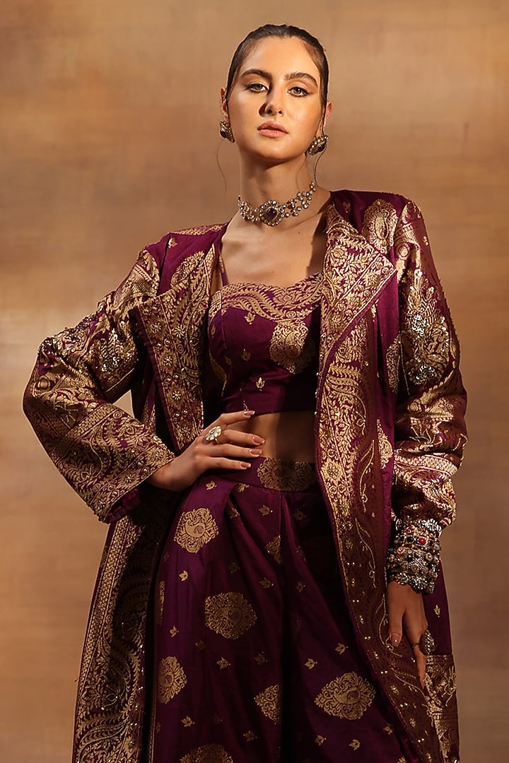 Wine Georgette Jacquard Bead & Sequins Embellished Jacket Set by World Of Folklore at Pernia's Pop Up Shop