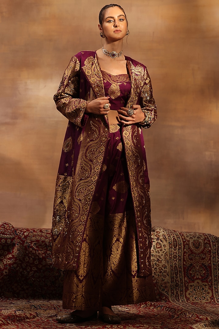 Wine Georgette Jacquard Bead & Sequins Embellished Jacket Set by World Of Folklore at Pernia's Pop Up Shop