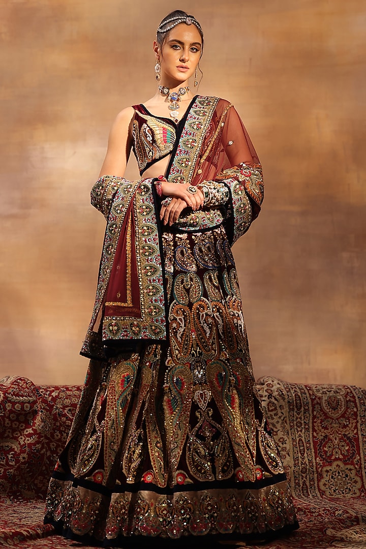 Multi-Colored Velvet Swarovski Embroidered Lehenga Set by World Of Folklore