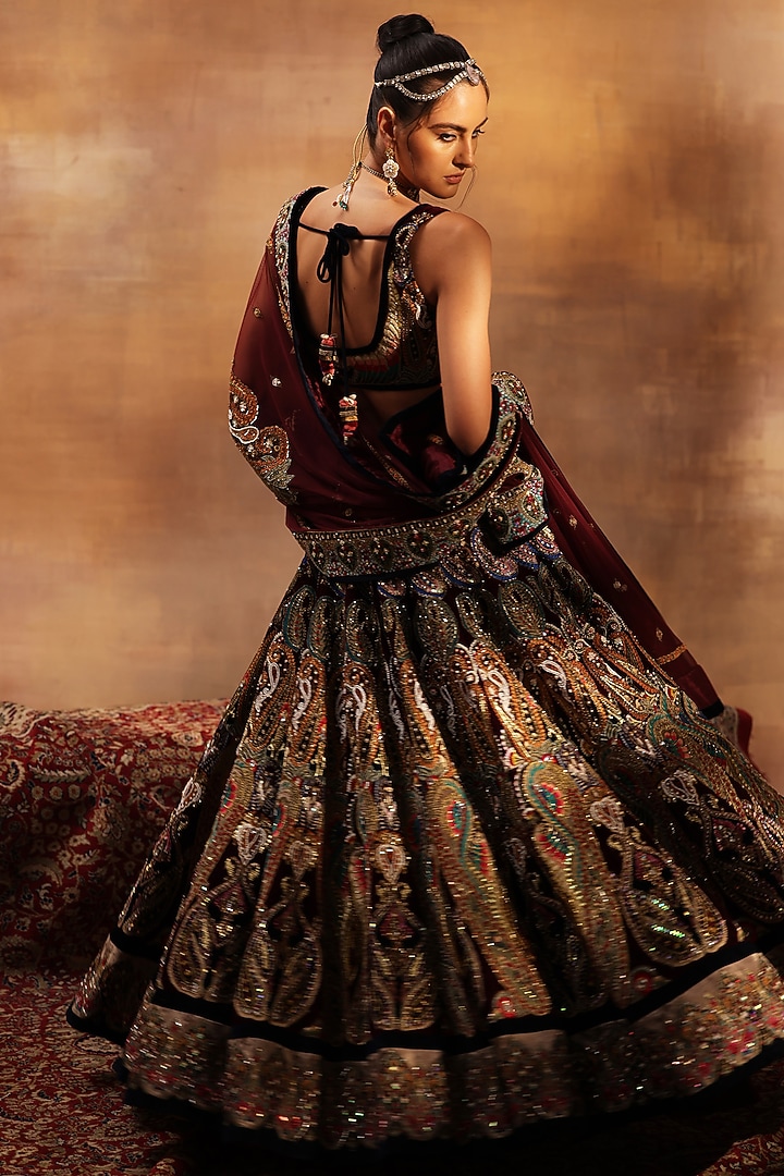 Multi-Colored Velvet Swarovski Embroidered Bridal Lehenga Set by World Of Folklore at Pernia's Pop Up Shop