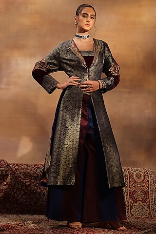 Multi-Colored Velvet & Jacquard Embroidered Jacket Set by World Of Folklore