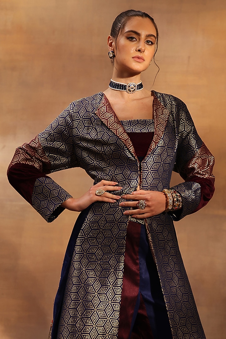 Multi-Colored Velvet & Jacquard Embroidered Jacket Set by World Of Folklore at Pernia's Pop Up Shop
