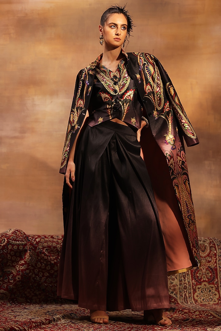 Multi-Colored Raw Poly Silk Paisley Printed Jacket Set by World Of Folklore