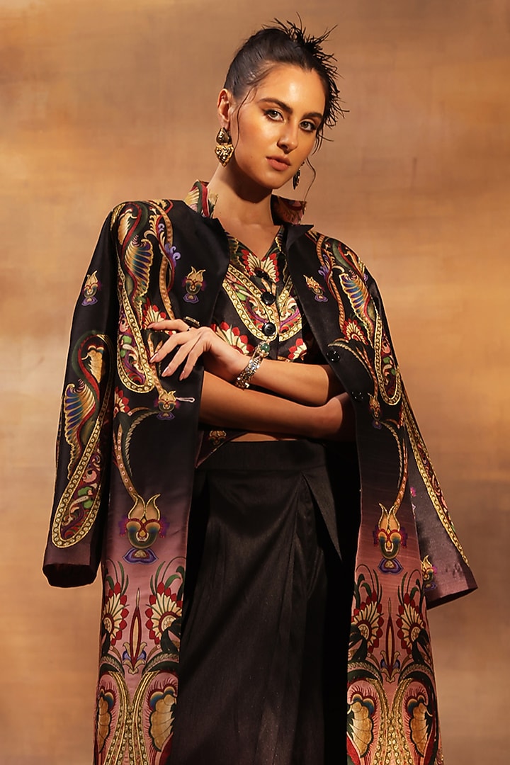 Multi-Colored Raw Poly Silk Paisley Printed Jacket Set by World Of Folklore at Pernia's Pop Up Shop