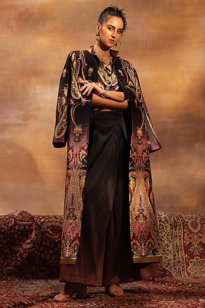 Multi-Colored Raw Poly Silk Paisley Printed Jacket Set by World Of Folklore at Pernia's Pop Up Shop