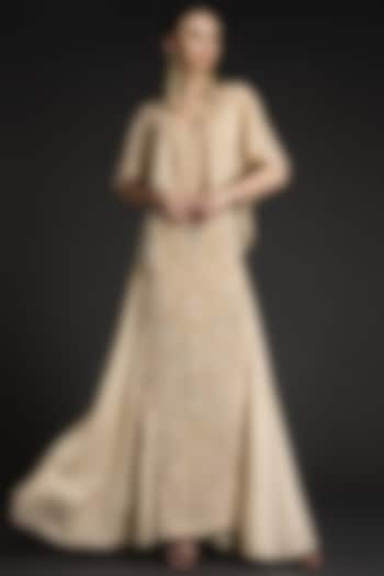 Beige Viscose Georgette & Georgette Crepe Hand Embroidered Gown by World Of Folklore at Pernia's Pop Up Shop