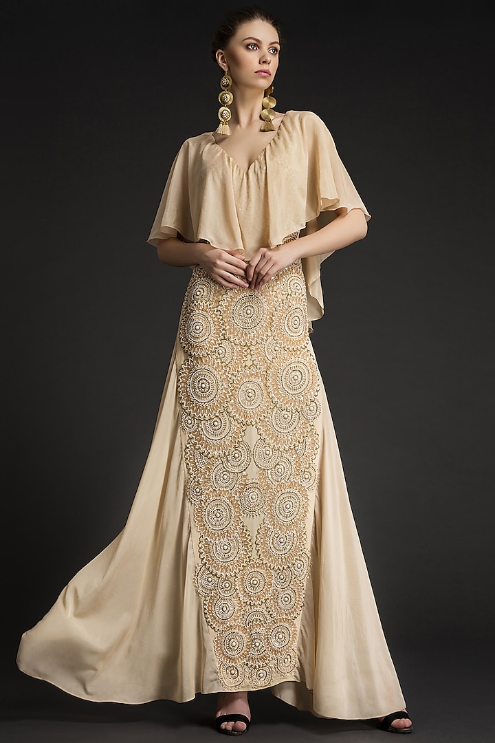 Beige Viscose Georgette & Georgette Crepe Hand Embroidered Gown by World Of Folklore at Pernia's Pop Up Shop