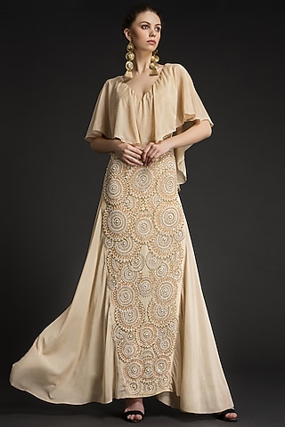 Beige Viscose Georgette & Georgette Crepe Hand Embroidered Gown by World Of Folklore
