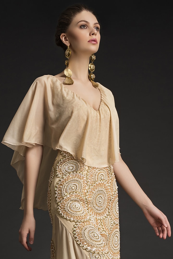 Beige Viscose Georgette & Georgette Crepe Hand Embroidered Wedding Gown by World Of Folklore at Pernia's Pop Up Shop