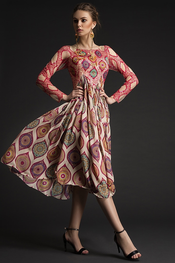 Fuchsia Pink Net & Silk Viscose Printed Midi Dress by World Of Folklore