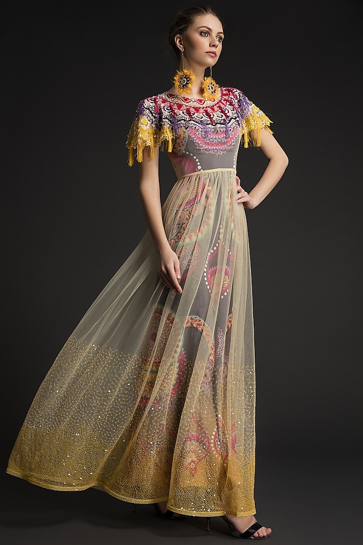 Multi-Colored Crepe & Net Printed Gown by World Of Folklore