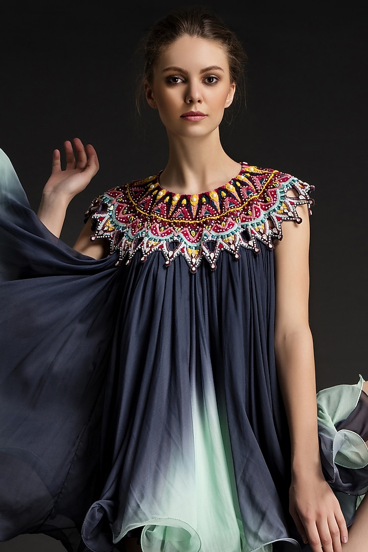 Navy Blue Viscose Crepe Hand-Dyed & Embroidered Cocktail Dress by World Of Folklore at Pernia's Pop Up Shop