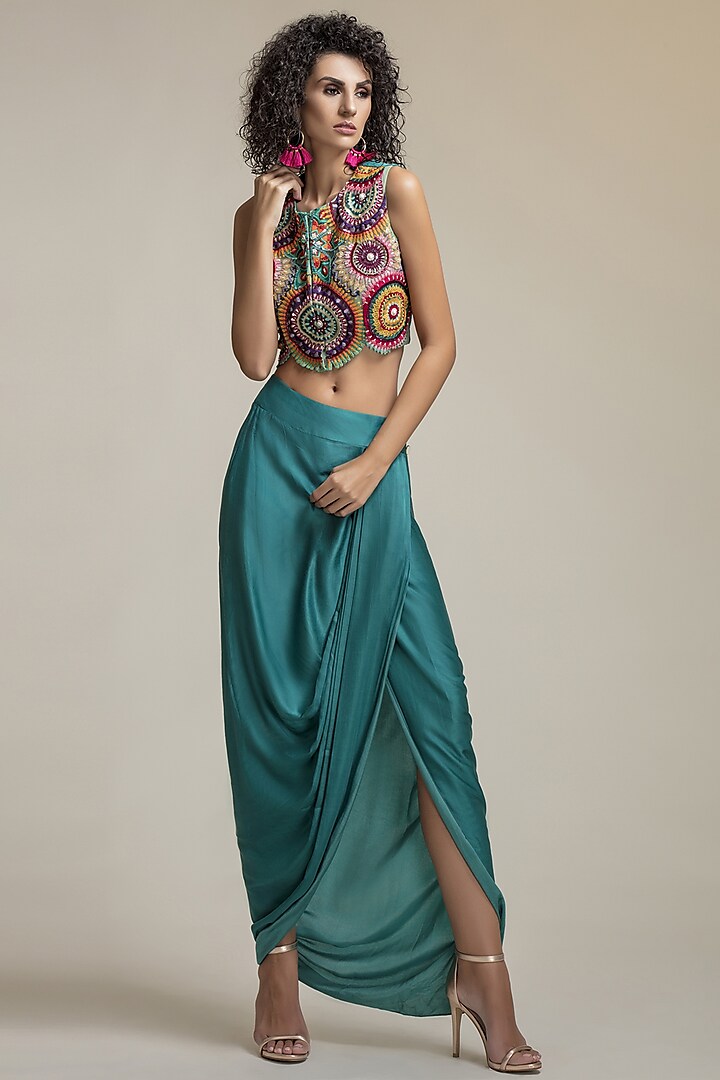 Teal Satin Crepe Draped Skirt Set by World Of Folklore