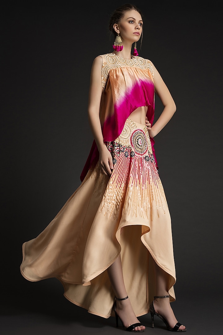 Fuchsia & Peach Viscose Hand Embroidered High-Low Lehenga Set by World Of Folklore