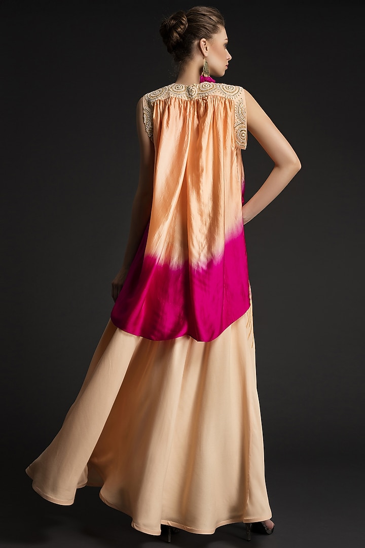 Fuchsia & Peach Viscose Hand Embroidered High-Low Wedding Lehenga Set by World Of Folklore at Pernia's Pop Up Shop