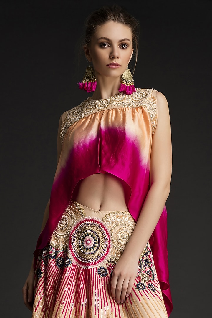 Fuchsia & Peach Viscose Hand Embroidered High-Low Wedding Lehenga Set by World Of Folklore at Pernia's Pop Up Shop