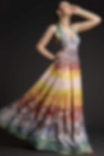 Multi-Colored Cotton Silk Hand Embroidered Gown by World Of Folklore