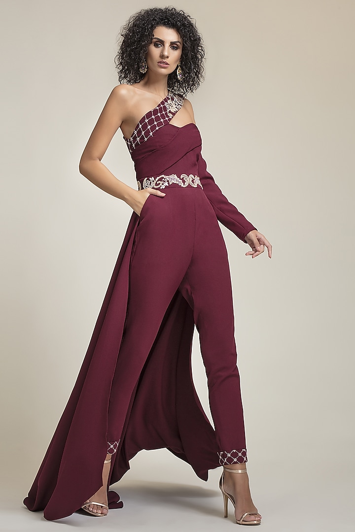 Burgundy Banana Crepe Hand Embroidered One-Shoulder Jumpsuit by World Of Folklore