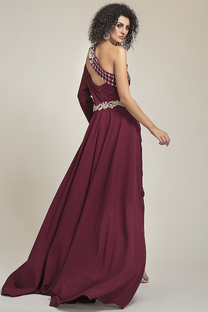 Burgundy Banana Crepe Hand Embroidered One-Shoulder Jumpsuit by World Of Folklore at Pernia's Pop Up Shop