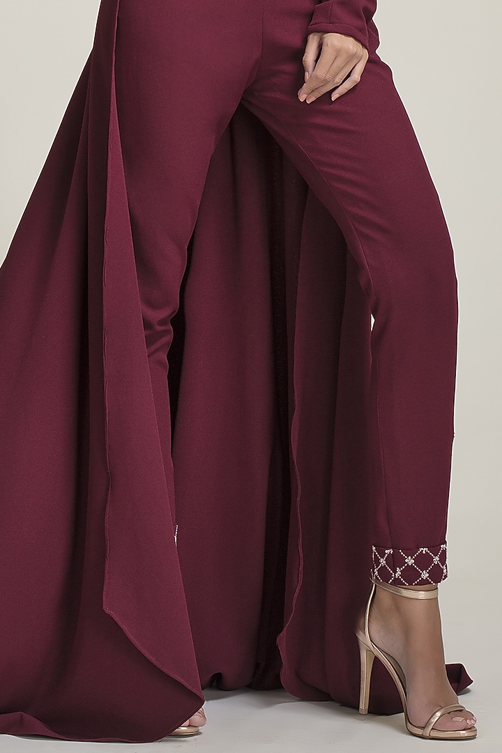 Burgundy Banana Crepe Hand Embroidered One-Shoulder Jumpsuit by World Of Folklore at Pernia's Pop Up Shop