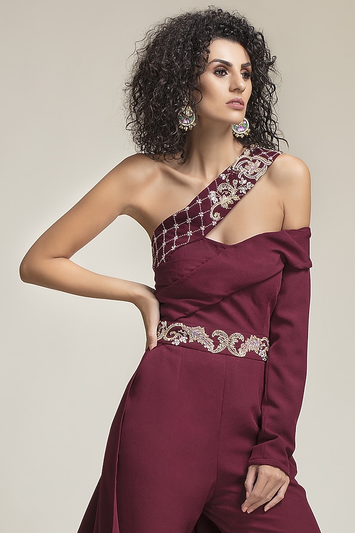 Burgundy Banana Crepe Hand Embroidered One-Shoulder Jumpsuit by World Of Folklore at Pernia's Pop Up Shop