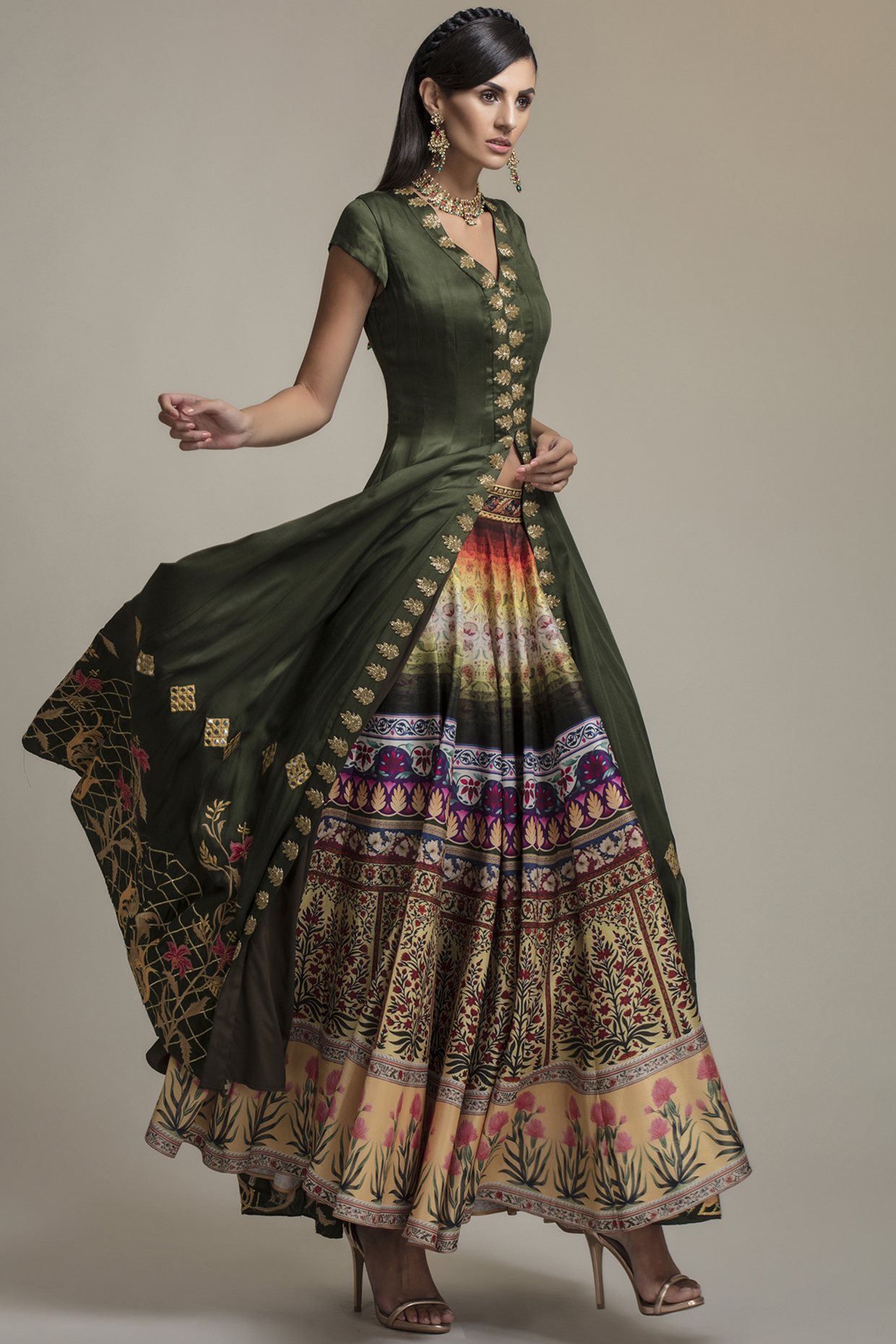 Olive Green Bemberg Silk Hand Embroidered Jacket  dulhan bday 22 may Lehenga Set by World Of Folklore at Pernia's Pop Up Shop