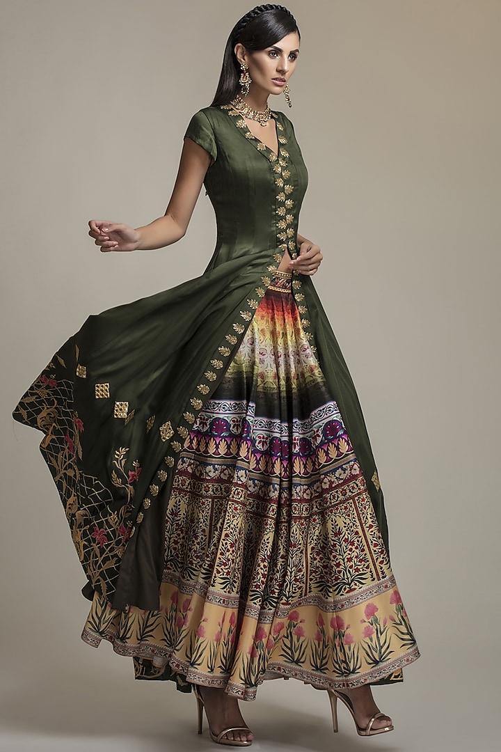 Olive Green Bemberg Silk Hand Embroidered Jacket  dulhan bday 22 may Lehenga Set by World Of Folklore at Pernia's Pop Up Shop