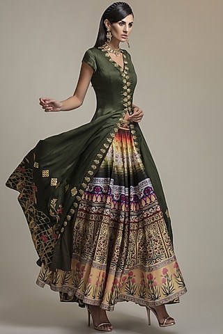 Olive Green Bemberg Silk Hand Embroidered Jacket Lehenga Set by World Of Folklore