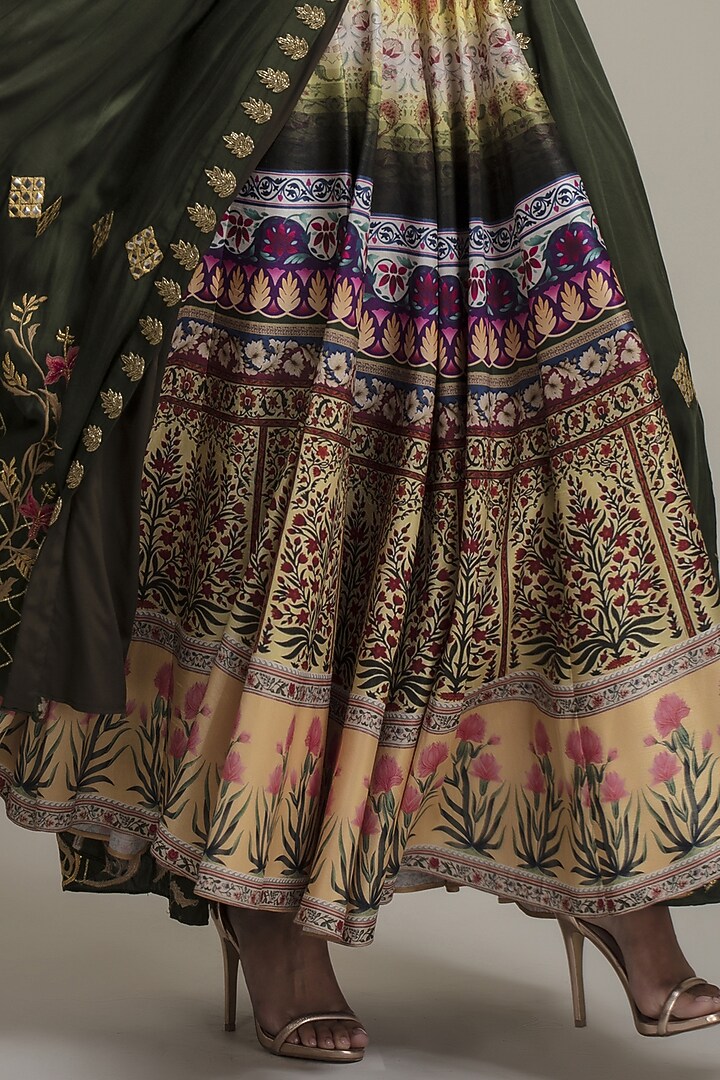 Olive Green Bemberg Silk Hand Embroidered Jacket Wedding Lehenga Set by World Of Folklore at Pernia's Pop Up Shop