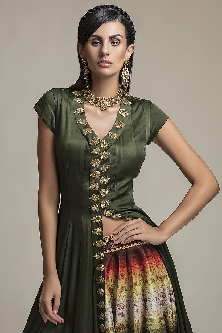 Olive Green Bemberg Silk Hand Embroidered Jacket Wedding Lehenga Set by World Of Folklore at Pernia's Pop Up Shop