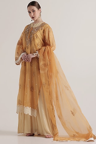 Mustard Organza Chikankari Embellished Kurta Set by World Of Folklore