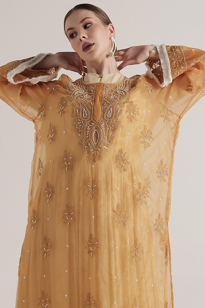 Mustard Organza Chikankari Embellished Kurta Set by World Of Folklore at Pernia's Pop Up Shop