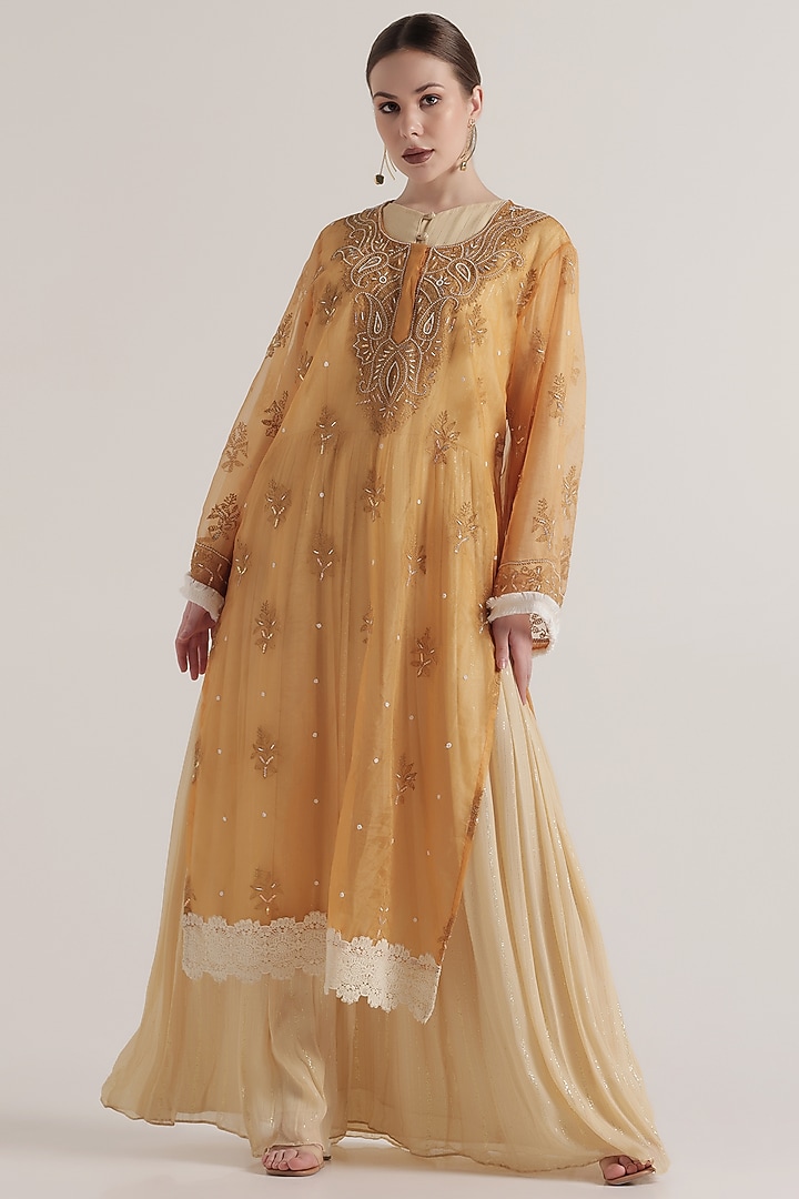 Mustard Organza Chikankari Embellished Kurta Set by World Of Folklore at Pernia's Pop Up Shop