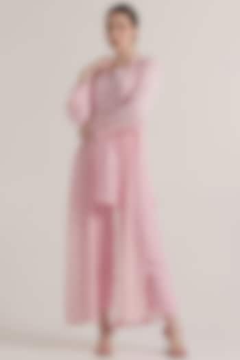 Baby Pink Viscose Georgette Chikankari Embellished Jacket by World Of Folklore at Pernia's Pop Up Shop